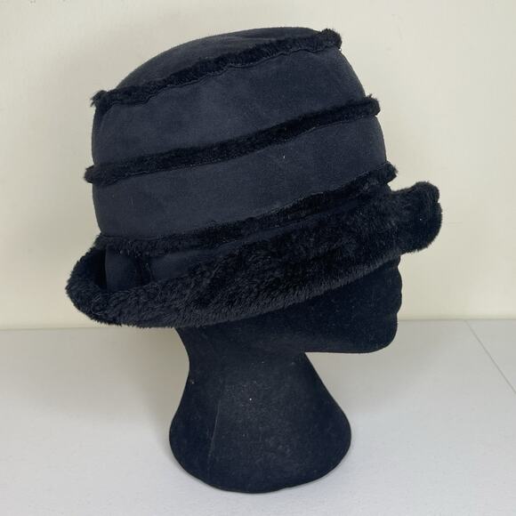Black Faux Suede Faux Fur Trimmed Bucket Hat Y2K Whimsigoth Patchwork Rave Vampy - Picture 2 of 6